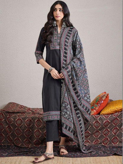 Women Ethnic Motifs Embroidered Regular Thread Work Pure Cotton Kurta with Trousers & With Dupatta