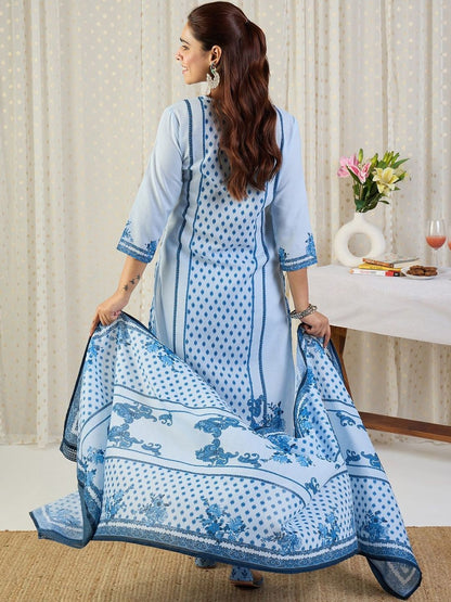 Ethnic Motifs Printed Notch Neck Thread Work Pure Cotton Kurta Trousers & Dupatta