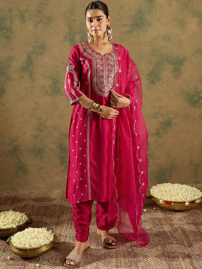 Indyancart IE Ethnic Motifs Embroidered Panelled A-Line Kurta with Trousers & Dupatta