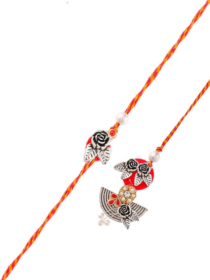 Anouk Silver-Toned Beaded Bhaiya Bhabhi Rakhi With Roli Chawal & Greeting Card
