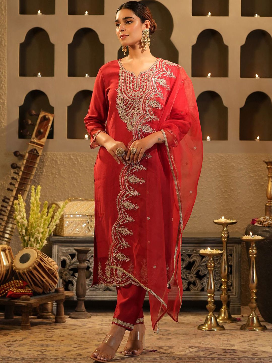 Indyancart IE Women's Women Ethnic Motifs Embroidered Regular Liva Kurta with Trousers & With Dupatta