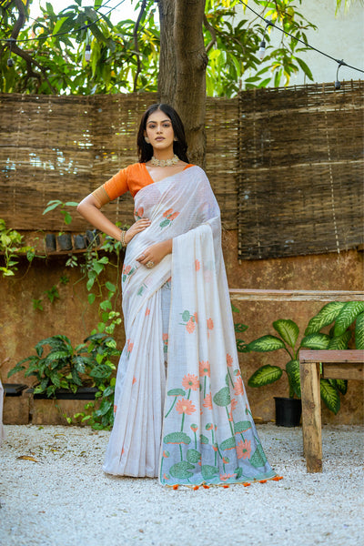 Indyancart GR Women's Pumpkin Orange Muga Cotton Saree
