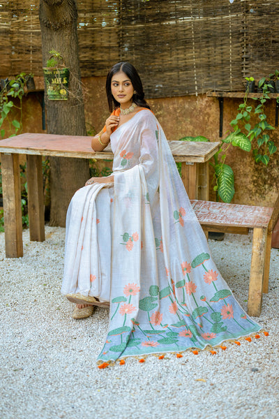 Indyancart GR Women's Pumpkin Orange Muga Cotton Saree