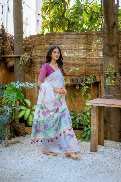 Indyancart GR Women's Amethyst Purple Muga Cotton Saree