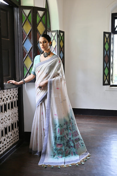 Indyancart GR Women's Niza Navy Muga Cotton Saree