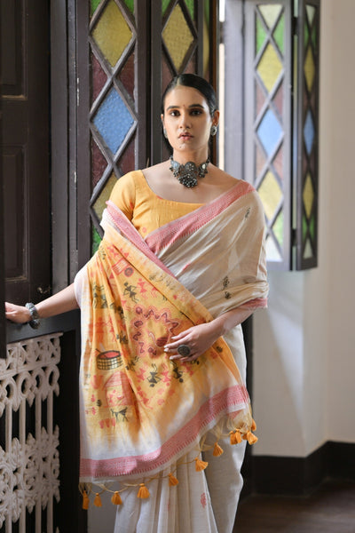 Indyancart GR Women's Niza Mustard Muga Cotton Saree