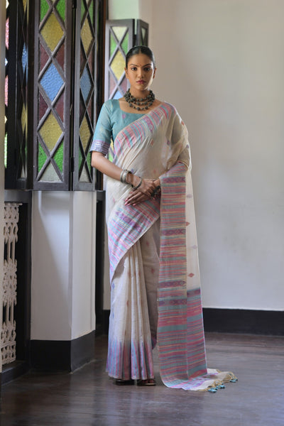 Indyancart GR Women's Firozi Muga Cotton Ikkat Saree