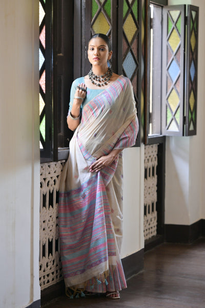 Indyancart GR Women's Firozi Muga Cotton Ikkat Saree