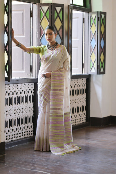 Indyancart GR Women's Mehendi Muga Cotton Ikkat Saree