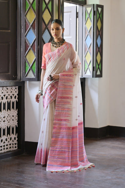 Indyancart GR Women's Peach Muga Cotton Ikkat Saree