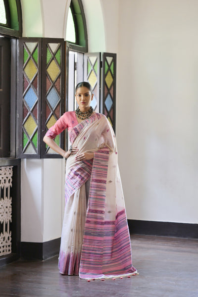 Indyancart GR Women's Pink Muga Cotton Ikkat Saree