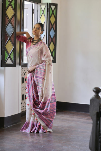 Indyancart GR Women's Pink Muga Cotton Ikkat Saree
