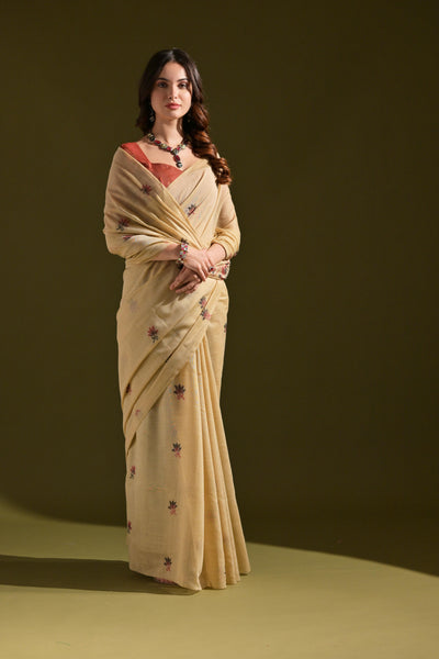 Indyancart GR Women's Florance Beige Muga Cotton Jamdani Saree
