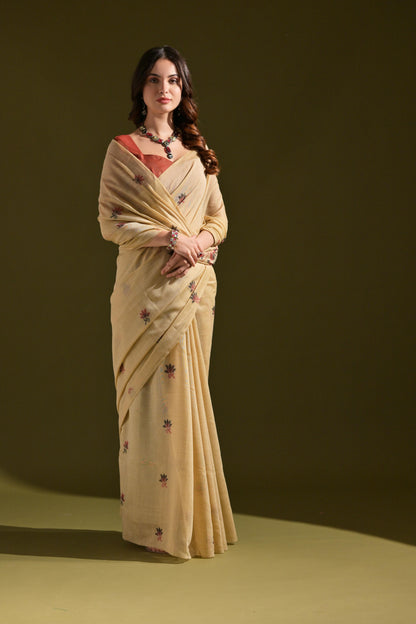 Dhiyona GR Women's Florance Beige Muga Cotton Jamdani Saree