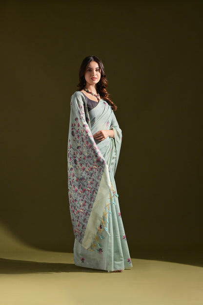 Dhiyona GR Women's Florance Firozi Blue Muga Cotton Jamdani Saree