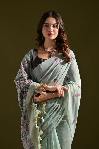 Dhiyona GR Women's Florance Firozi Blue Muga Cotton Jamdani Saree