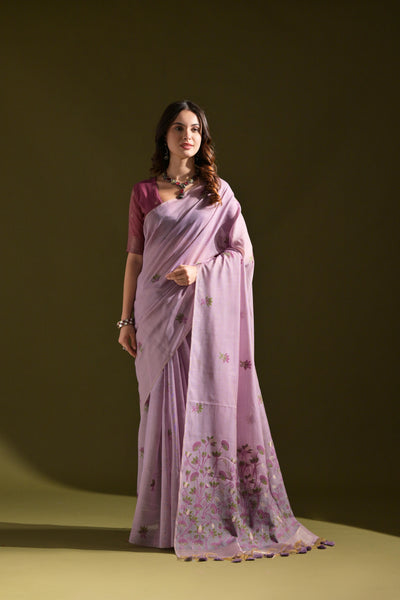 Indyancart GR Women's Florance Lavender Muga Cotton Jamdani Saree