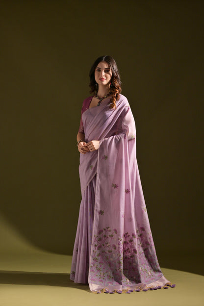 Dhiyona GR Women's Florance Lavender Muga Cotton Jamdani Saree