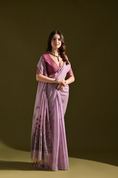 Indyancart GR Women's Florance Lavender Muga Cotton Jamdani Saree