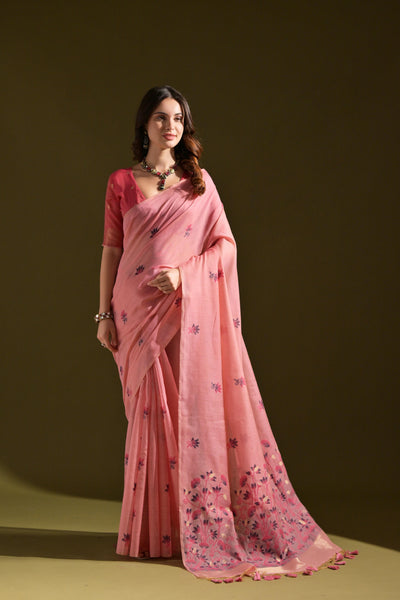 Indyancart GR Women's Florance Pink Muga Cotton Jamdani Saree