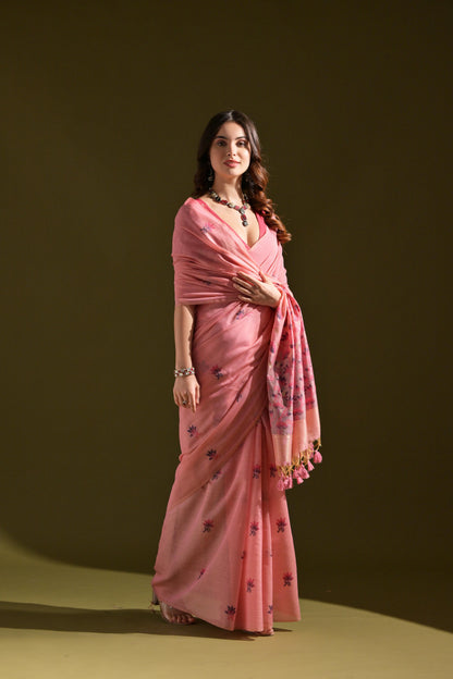 Dhiyona GR Women's Florance Pink Muga Cotton Jamdani Saree