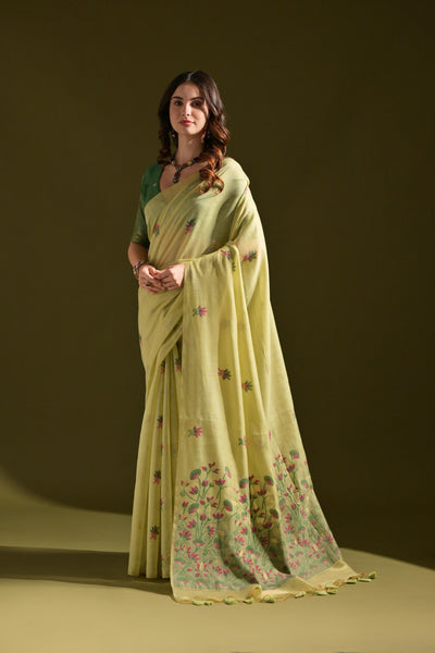 Indyancart GR Women's Florance Green Muga Cotton Jamdani Saree