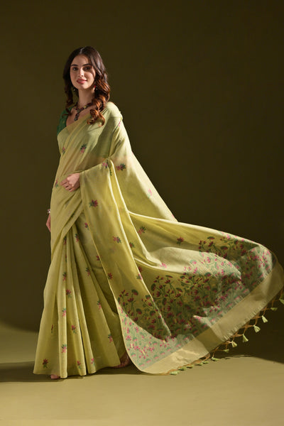 Indyancart GR Women's Florance Green Muga Cotton Jamdani Saree