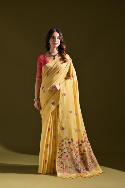 Indyancart GR Women's Florance Beige Muga Cotton Jamdani Saree