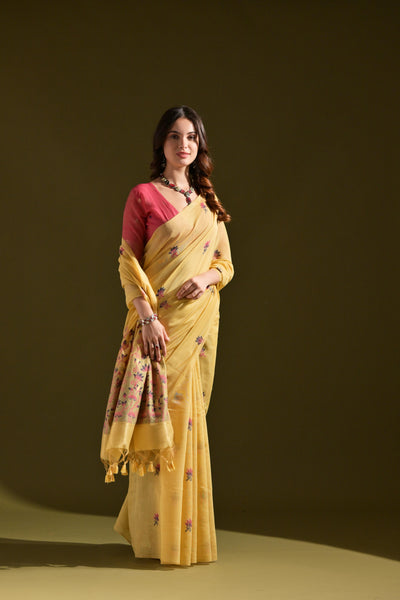 Indyancart GR Women's Florance Beige Muga Cotton Jamdani Saree