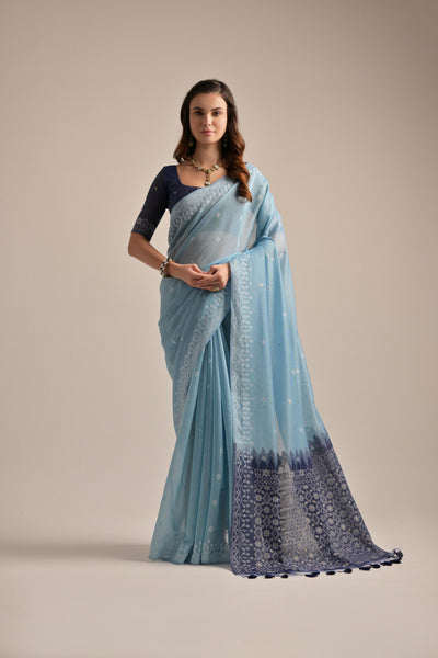 Indyancart GR Women's Sky Blue Muga Cotton Jamdani Saree