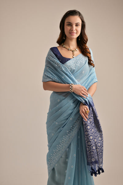 Indyancart GR Women's Sky Blue Muga Cotton Jamdani Saree
