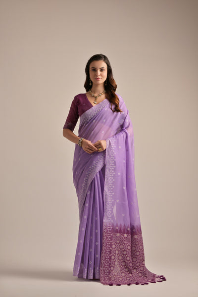 Indyancart GR Women's Lavender Muga Cotton Jamdani Saree