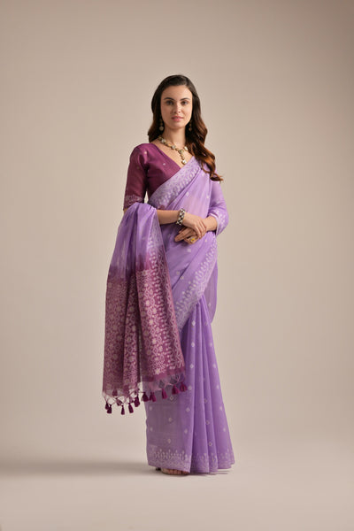 Indyancart GR Women's Lavender Muga Cotton Jamdani Saree