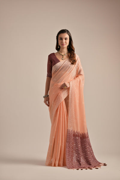Indyancart GR Women's Peach Orange Muga Cotton Jamdani Saree