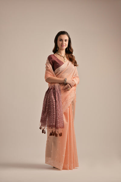 Indyancart GR Women's Peach Orange Muga Cotton Jamdani Saree