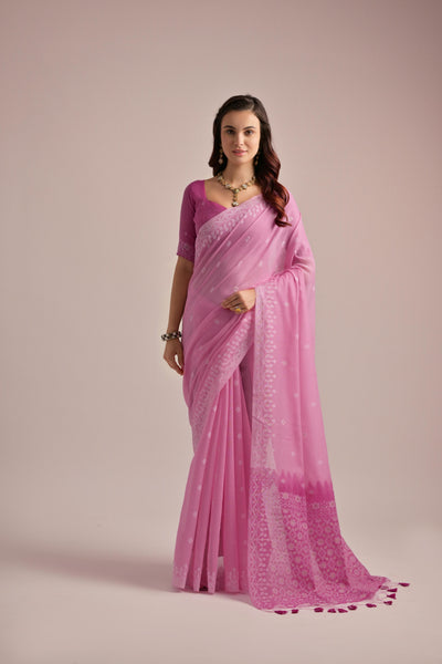 Indyancart GR Women's Pink Muga Cotton Jamdani Saree