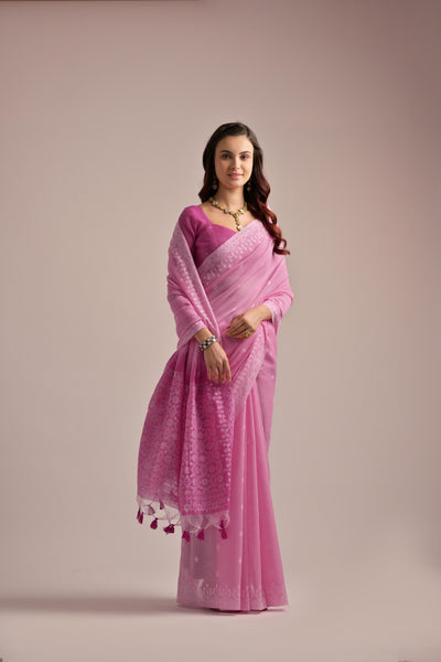 Indyancart GR Women's Pink Muga Cotton Jamdani Saree