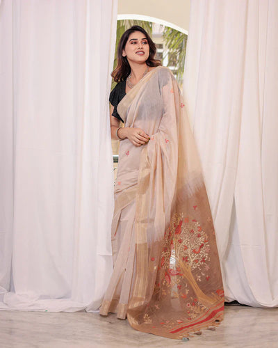 Indyancart GR Women's Beige Muga Cotton Woven Saree