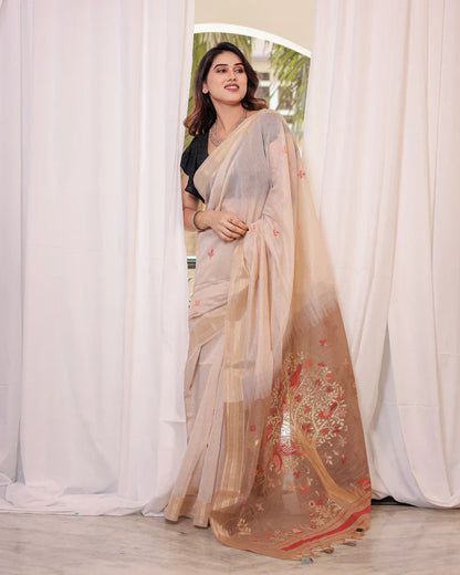 Dhiyona GR Women's Beige Muga Cotton Woven Saree