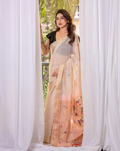 Indyancart GR Women's Peach Muga Cotton Woven Saree