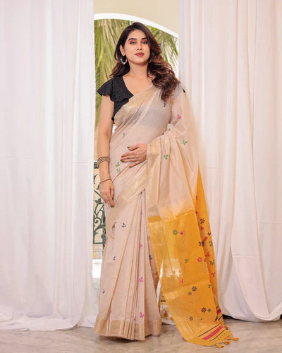 Indyancart GR Women's Mustard Yellow Muga Cotton Woven Saree