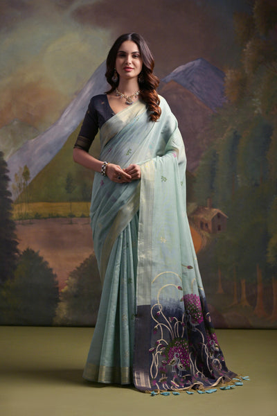 Indyancart GR Women's Sky Blue Woven Muga Silk Saree