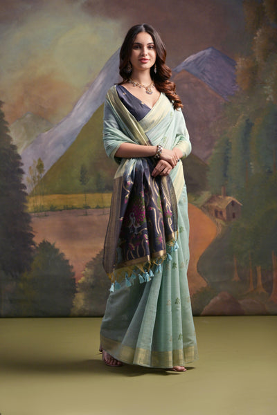 Indyancart GR Women's Sky Blue Woven Muga Silk Saree