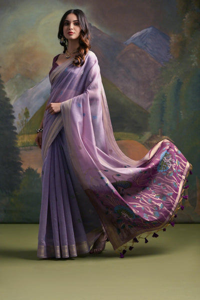 Indyancart GR Women's Lavender Woven Muga Silk Saree
