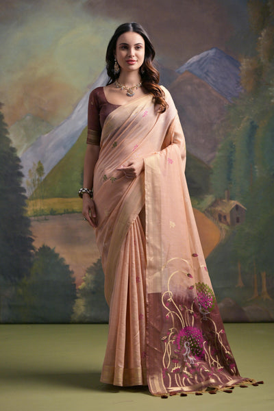 Indyancart GR Women's Peach Woven Muga Silk Saree