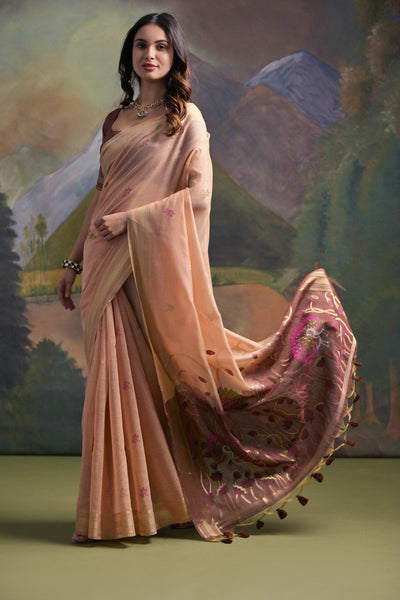 Indyancart GR Women's Peach Woven Muga Silk Saree