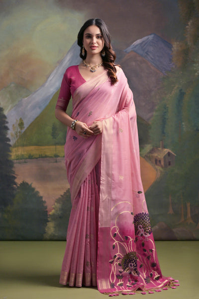 Indyancart GR Women's Pink Woven Muga Silk Saree