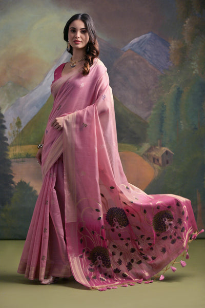 Indyancart GR Women's Pink Woven Muga Silk Saree