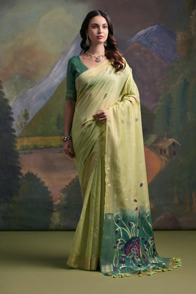 Indyancart GR Women's Green Woven Muga Silk Saree