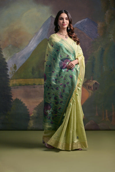 Indyancart GR Women's Green Woven Muga Silk Saree
